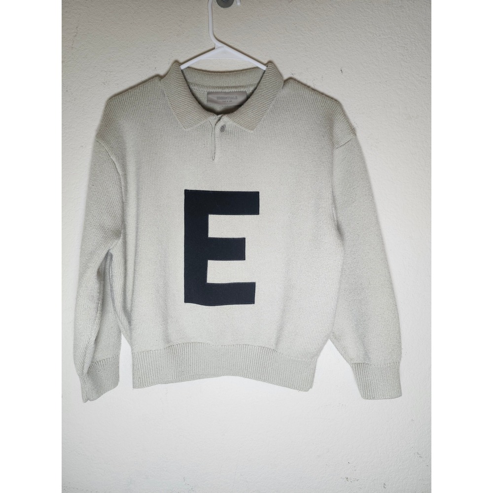 Fear of God Essentials Knit Polo Kids Size 8 Oatmeal Heather Long Sleeve Sweater